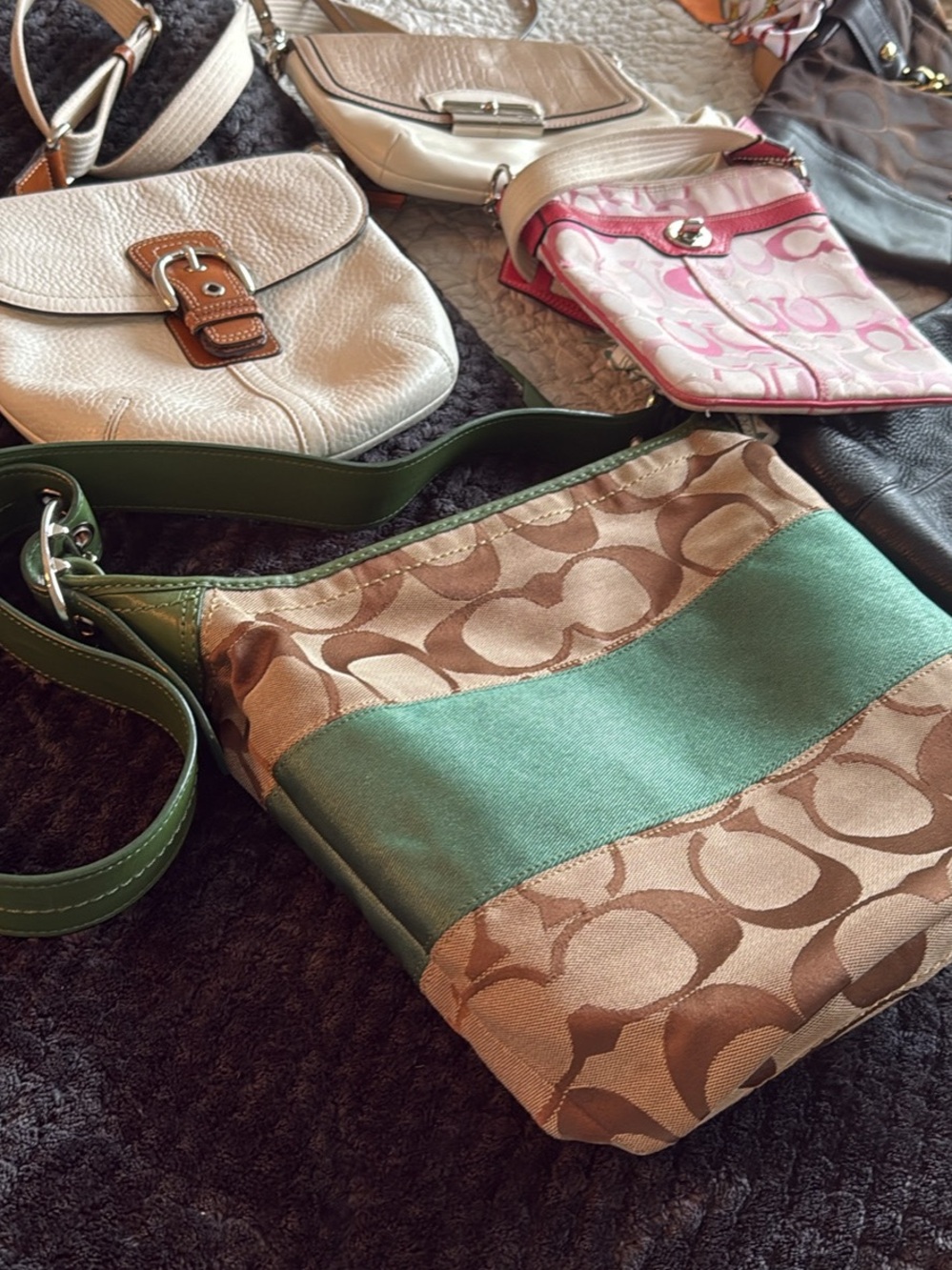 Coach Green and Tan Signature Stripe Crossbody Bag
